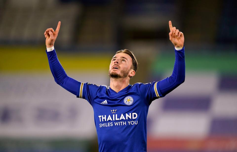 James Maddison celebrates after scoring for Leicester (PA)