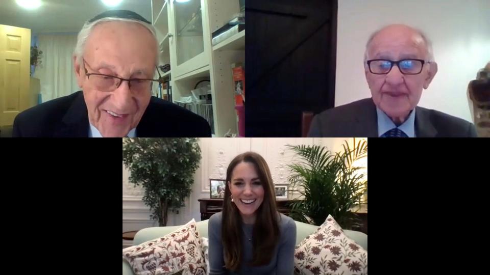 Duchess Kate of Cambridge speaks during a video call with Manfred Goldberg and Zigi Shipper, nonagenarian Holocaust survivors as she spoke with survivors and youth ambassadors from the Holocaust Educational Trust to mark Holocaust Memorial Day, Jan. 27, 2021.