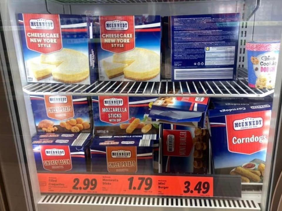 "american" frozen foods in the freezer aisle of lidl grocery store in ireland