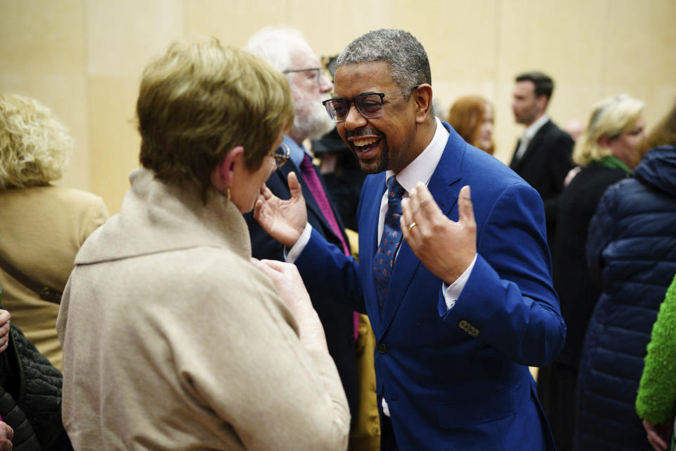 Vaughan Gething speaks to a Labour supporter in a lecture hall at Cardiff University, after being elected as the next Welsh Labour leader and First Minister of Wales, in Cardiff, Saturday, March 16, 2024. Gething has won the Welsh Labour Party leadership contest and is set to become the first Black leader of Wales’ semi-autonomous government. Gething, who is currently Welsh economy minister, beat Education Minister Jeremy Miles in a race to replace First Minister Mark Drakeford. (Ben Birchall/PA via AP)