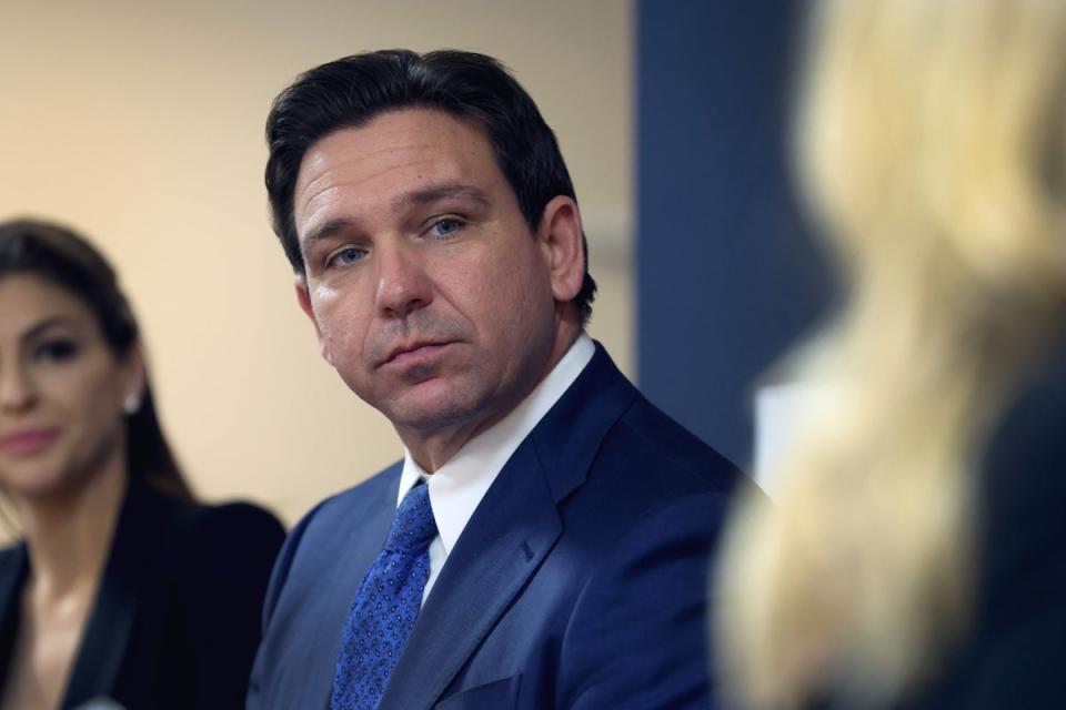 Republican presidential candidate Florida Governor Ron DeSantis speaks to guests during the Scott County Fireside Chat at the Tanglewood Hills Pavilion on December 18, 2023 (Getty Images)