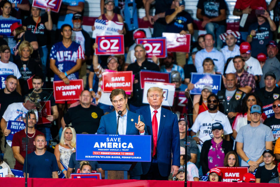 Oz and former president Donald Trump during a rally at the Mohegan Sun Arena at Casey Plaza in Wilkes-Barre, Pennsylvania, on Sept. 3, 2022.