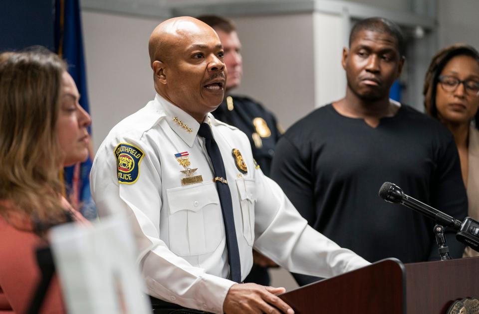 Surrounded by Mia Kanu's friends and family, Southfield Police Chief Elvin Barren holds a news conference Thursday, Sept. 21, 2023, at Southfield Police Headquarters to clarify details around the death of 23-year-old Mia Kanu.