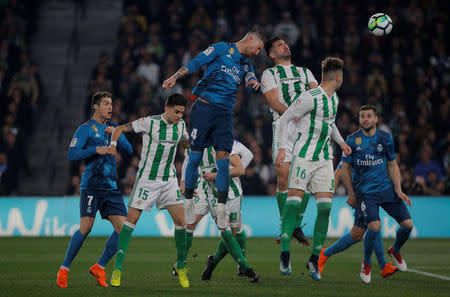 Soccer Football - La Liga Santander - Real Betis vs Real Madrid - Estadio Benito Villamarin, Seville, Spain - February 18, 2018 Real Madrid’s Sergio Ramos scores their second goal REUTERS/Jon Nazca