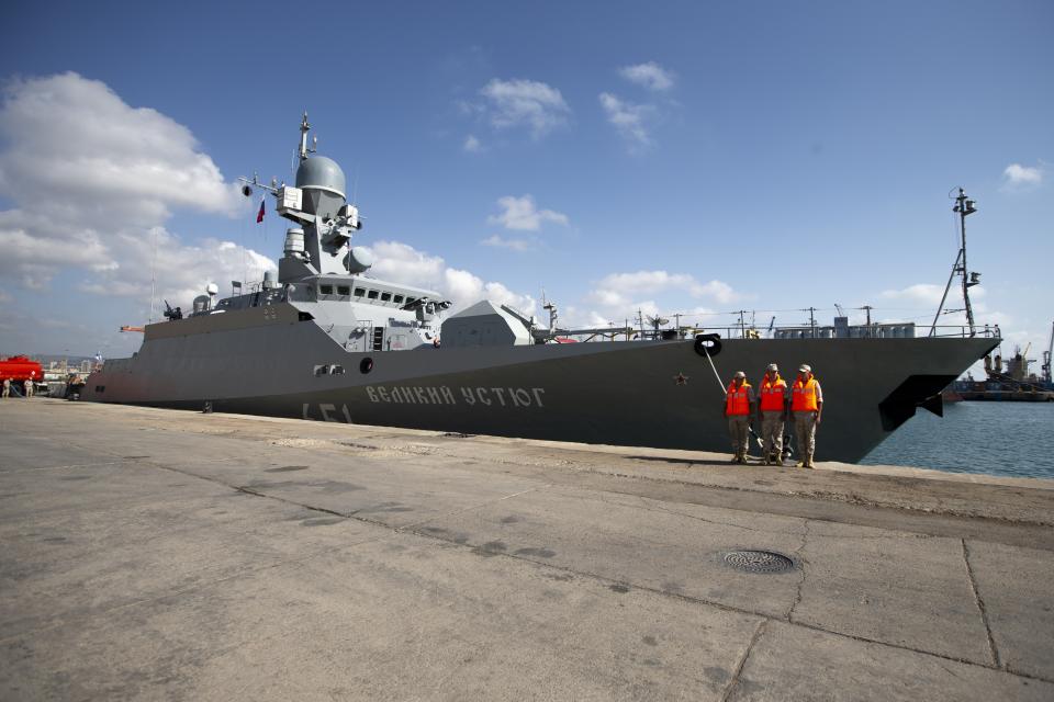 Russian navy missile ship 'Veliky Ustyug' prepare to sail off from the Russian naval facility in Tartus, Syria, on patrol in eastern Mediterranean, Thursday, Sept. 26, 2019. Russia has a naval base in Tartus, the only such facility it has outside the former Soviet Union. (AP Photo/Alexander Zemlianichenko)