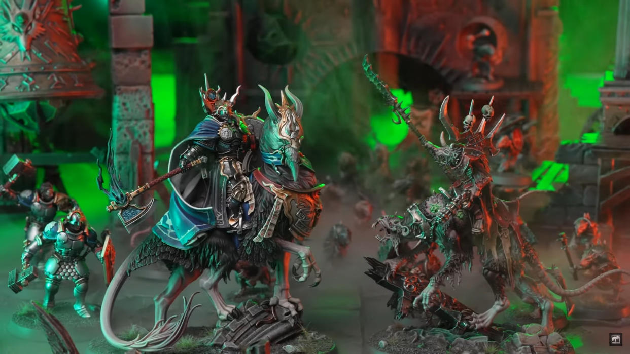  Stormcast Eternal models face off with Skaven miniatures on a green-tinged battlefield in Warhammer Age of Sigmar Skaventide. 