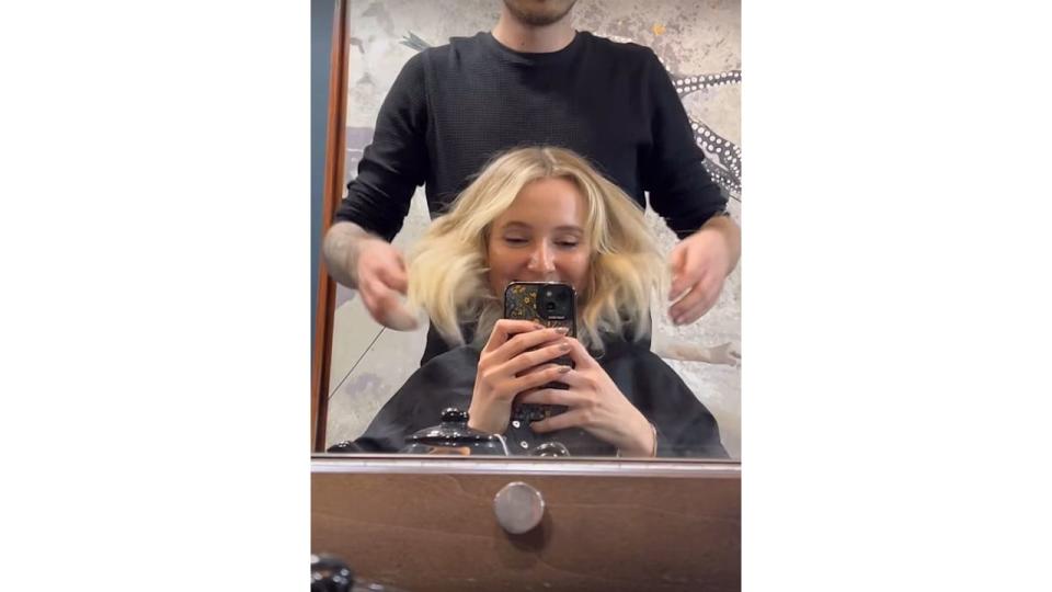 Rose Ayling-Ellis at a hair salon with blonde hair
