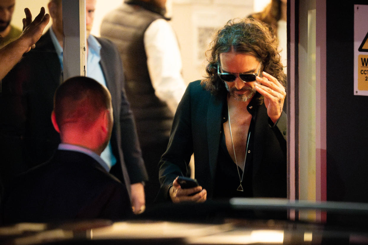 Russell Brand leaves the Troubabour Wembley Park theatre in north-west London after performing a comedy set. He faces claims about his sexual behaviour at the height of his fame. He has vehemently denied the allegations. Picture date: Saturday September 16, 2023. (Photo by James Manning/PA Images via Getty Images)