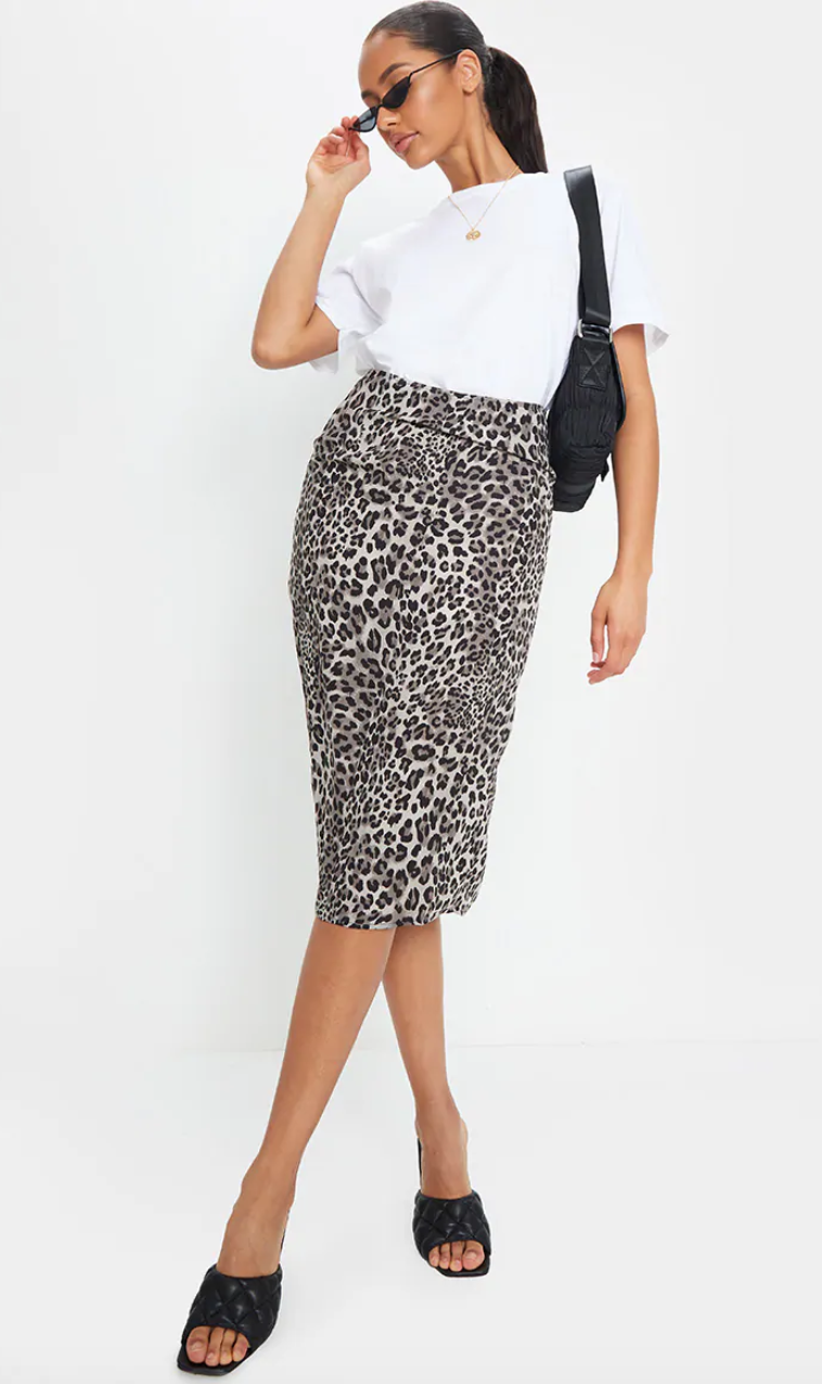 White Leopard Split back Satin Printed Midi. Image via Pretty Little Thing.  