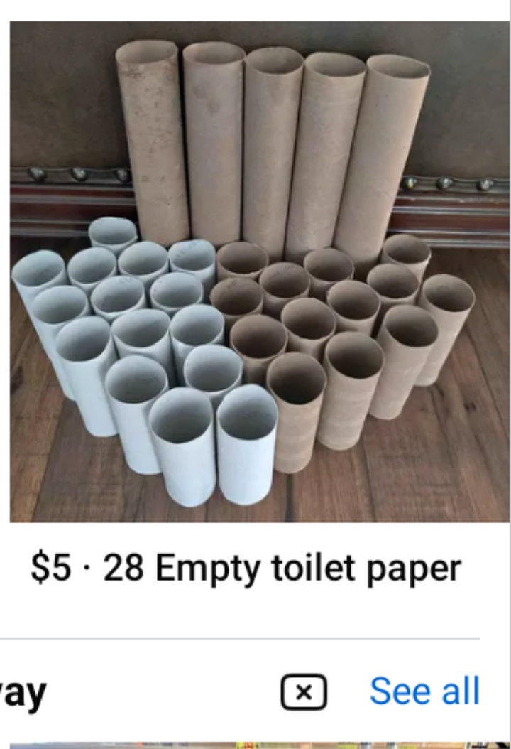 28 empty toilet paper rolls for sale at $5, arranged in rows