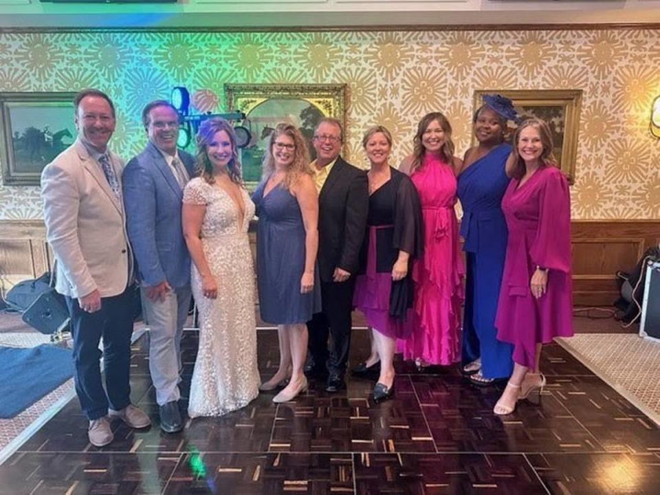 Current and former WLEX-18 colleagues joined Nancy Cox at her wedding. From left, Keith Farmer, Bill Meck, Cox, Jennifer Anderson, Ryan Lemond, Cindy Pennington, Suzanne Farmer, Leatrice Smathers Almquist and Mary Jo Perino Ford.