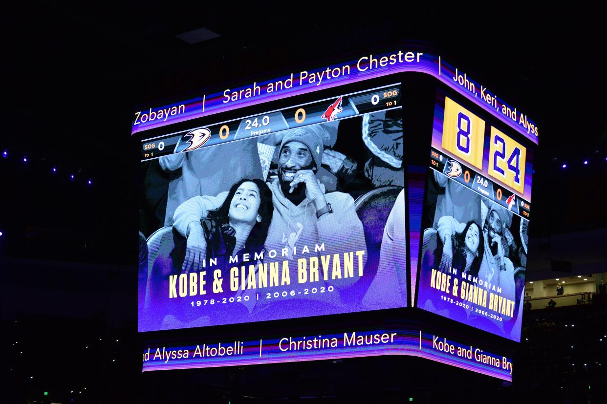 Tribute for former Los Angeles Lakers Kobe Bryant, Gianna Bryant and victims before the Anaheim Ducks play against the Arizona Coyotes at Honda Center on January 29, 2020.