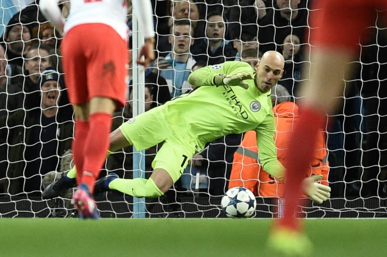 Willy Caballero saves a penalty during Manchester City's Champions League match against Monaco at the Etihad Stadium on February 21, 2017