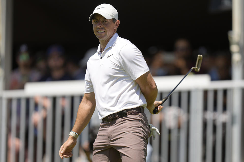 Rory McIlroy, of Northern Ireland, reacts to missing a putt on the sixth hole during the third round of the Dell Technologies Match Play Championship golf tournament in Austin, Texas, Friday, March 24, 2023. (AP Photo/Eric Gay)