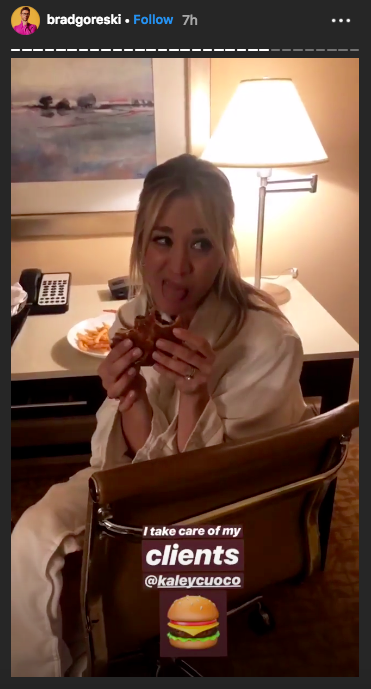 Kaley Cuoco powered up with a burger between the show and a party. (Image: Brad Goreski via Instagram)