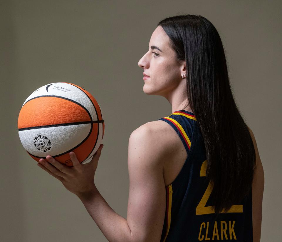 Indiana Fever Caitlin Clark (22) poses for a photo Wednesday, May 1, 2024, during the Indiana Fever media day at Gainbridge Fieldhouse in Indianapolis.