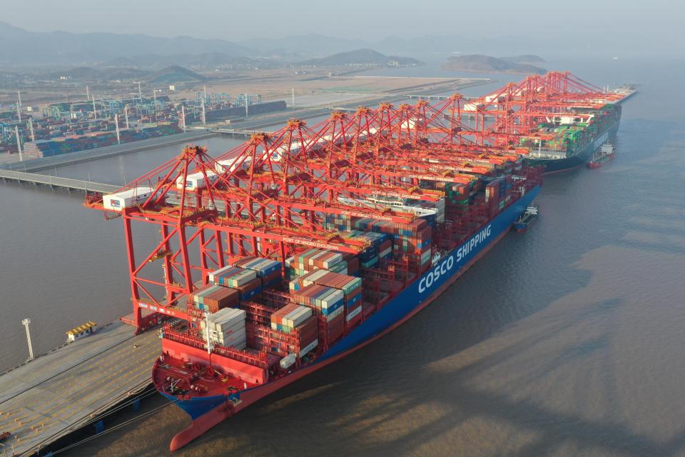 NINGBO, Feb. 19, 2021 -- Aerial photo taken on Feb. 19, 2021 shows cargo ships docking at Meidong Dock of the Ningbo-Zhoushan port in Ningbo, east China's Zhejiang Province. The Ningbo-Zhoushan port saw its cargo throughput in January reach 2.885 million TEUs (Twenty-foot Equivalent Units), up 14.5 percent year on year. (Photo by Huang Zongzhi/Xinhua via Getty) (Xinhua/Huang Zongzhi via Getty Images)