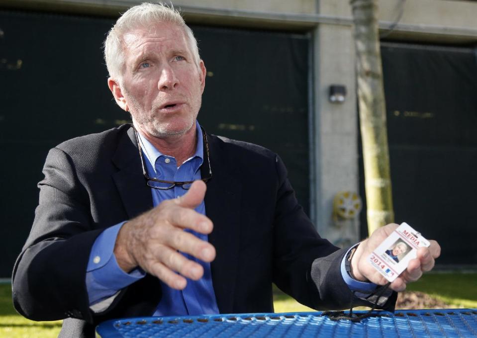 Baseball Hall of Famer and former Philadelphia Phillies third baseman Mike Schmidt speaks at a news conference at the Phillies spring training complex Sunday, March 16, 2014, in Clearwater, Fla. (AP Photo/Mike Carlson)