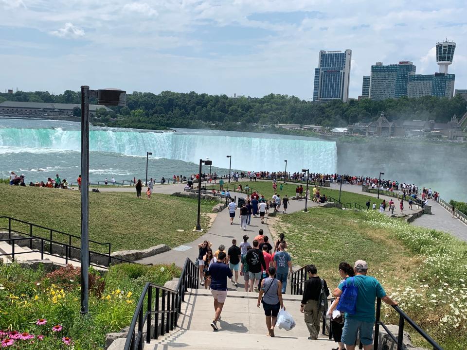 Terrapin Point at Horseshoe Falls, also known as Canadian Falls, are divided by the U.S.-Canada border.