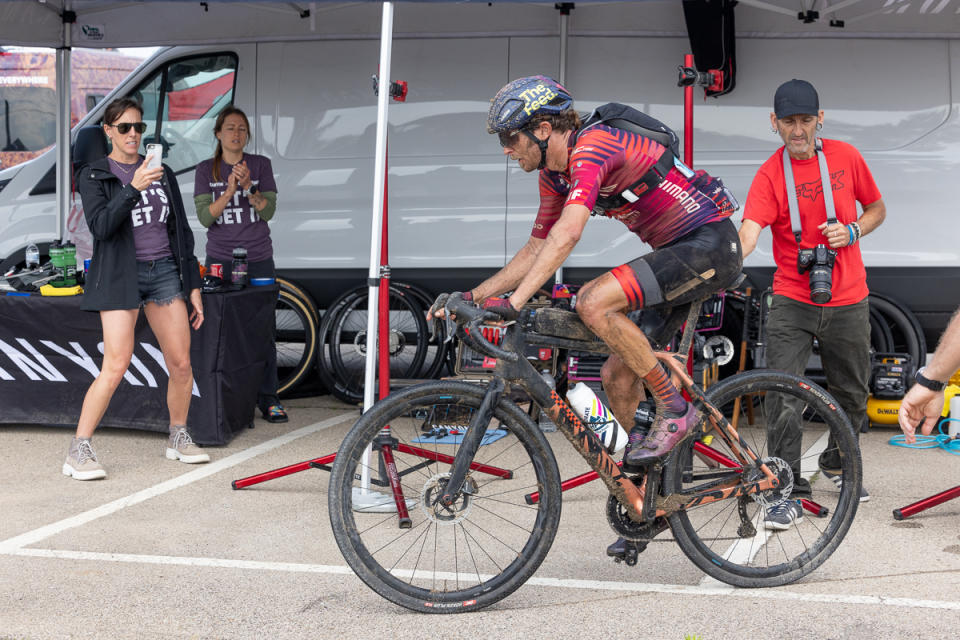 Peter Stetina, who finished 7th on the day, left the Eureka aid station on a freshly powerwashed bike that was rumored to be some sort of prototype.