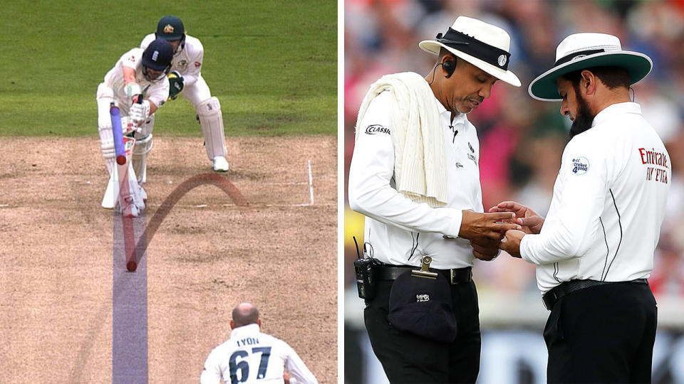 Umpire Aleem Dar speaks to Umpire Joel Wilson during Day One of the 1st Specsavers Ashes Test between England and Australia at Edgbaston on August 01, 2019 in Birmingham, England. (Photo by Ryan Pierse/Getty Images)