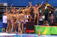 <p>Team Serbia celebrate winning the Men’s Water Polo Gold Medal match between Croatia and Serbia on Day 15 of the Rio 2016 Olympic Games at the Olympic Aquatics Stadium on August 20, 2016 in Rio de Janeiro, Brazil. (Photo by Ryan Pierse/Getty Images) </p>