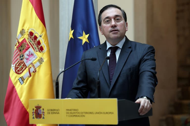 El ministro José Manuel Albares habla durante una rueda de prensa en la sede del Ministerio de Exteriores español, el 6 de junio de 2024 en Madrid (Thomas Coex)