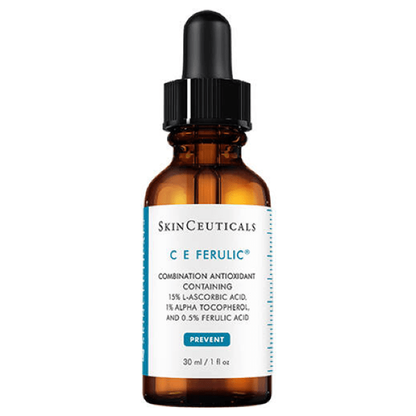 A brown jar of Skinceuticals C E Ferulic Serum with black dropper top and white, green and black labelling.