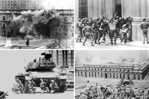 Top left: The Chilean presidential palace La Moneda under fire during the coup led by Pinochet in Santiago in 1973. Top right: Aides and others involved with the presidency of Salvador Allende are guarded by soldiers outside La Moneda. Bottom left: Chilean soldiers take cover behind a tank from fire by Allende's bodyguards during the ground attack. Bottom right: Soldiers supporting the coup take cover as bombs are dropped on the presidential palace.