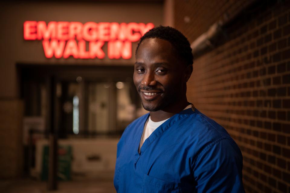 Richie Clerge outside of Hackensack University Medical Center on Friday, February 26, 2021. Clerge is a clerical associate at the E.R. and has been making life better for trauma patients in his department by leaving notes for some of the people he encounters.