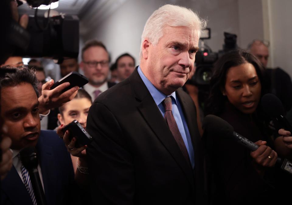 U.S. House Majority Whip Tom Emmer (R-MN) speaks to reporters as he leaves a House Republican candidates forum. Emmer voted to certify the 2020 election.