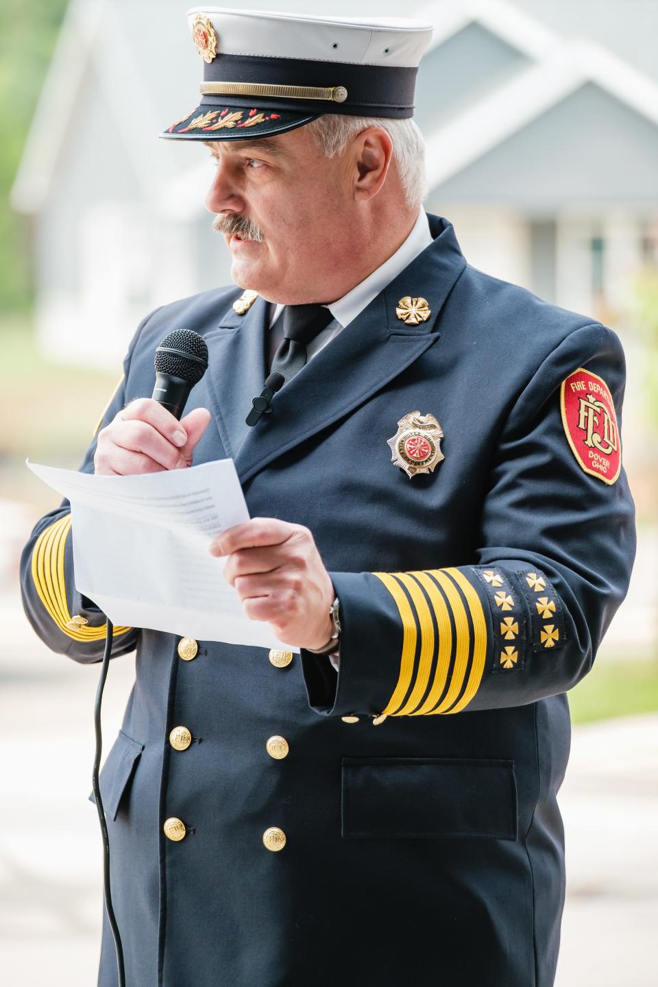 Chief Russ Volkert gives remarks during the celebration of the Dover Fire Department's 150th year of operation, Sunday, May 21 at the Dover Fire Department’s north station.