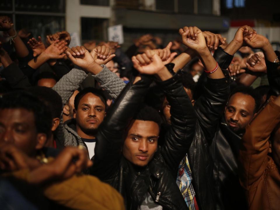 Asylum seekers protest against deportation in Tel Aviv, Israel, 24 February 2018: AP Photo/Ariel Schalit