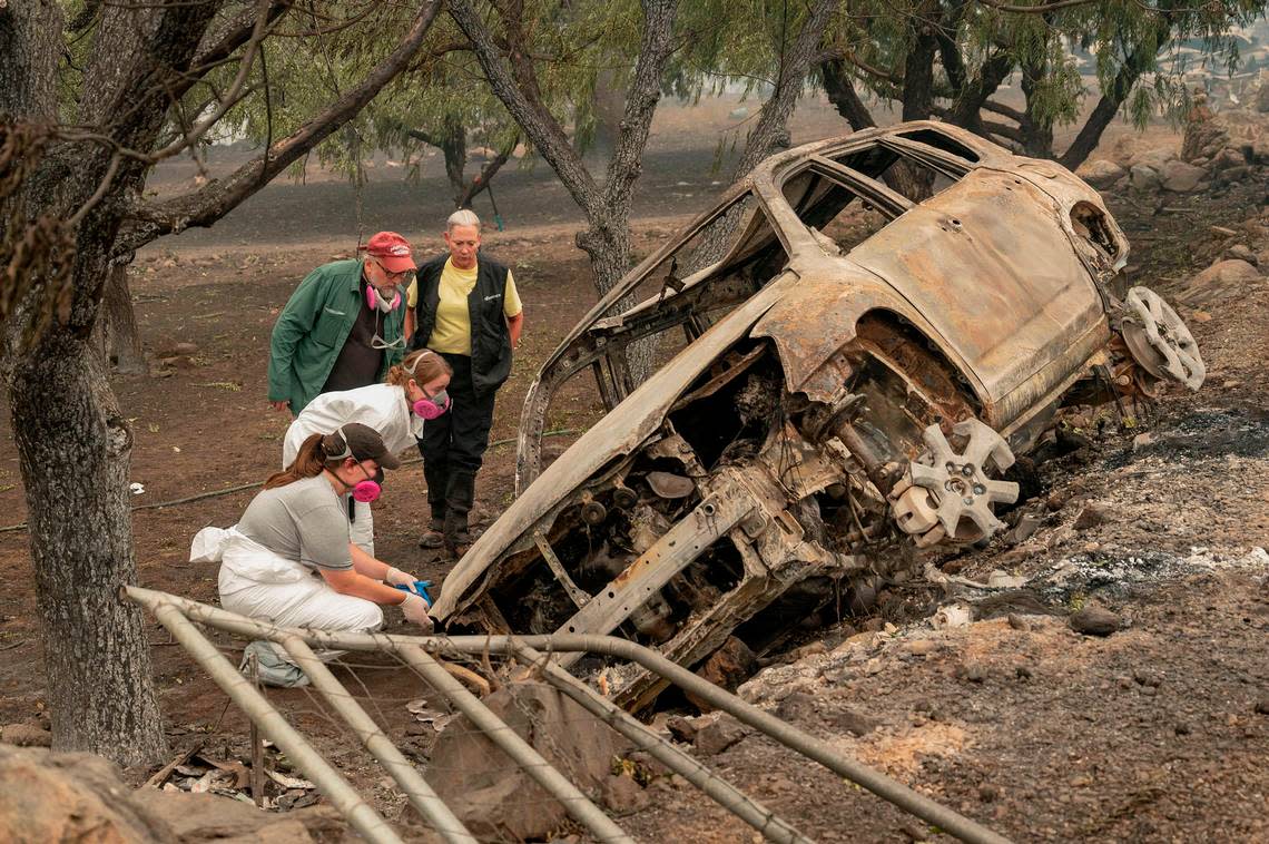 Susan Hobson, right, K9 handler, and forensics anthropologists from California State University, Chico, examine a vehicle where two people were found dead on Doggett Creek Road along Highway 96 as the McKinney Fire burns in Klamath National Forest in Siskiyou County on Monday, Aug. 1, 2022.