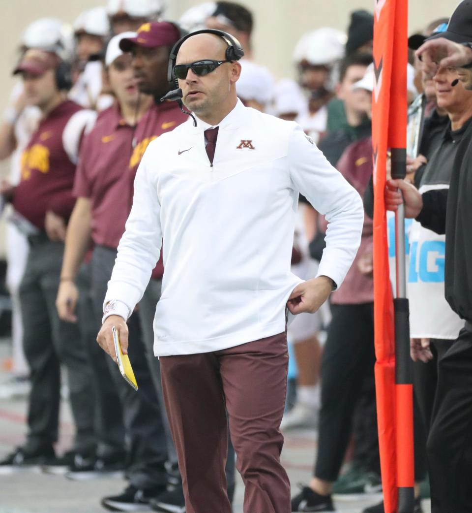 Minnesota Golden Gophers head coach P.J. Fleck during the second half of the 34-7 win over Michigan State at Spartan Stadium, Saturday, Sept. 24, 2022.