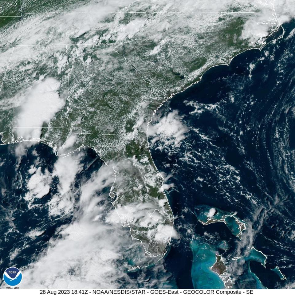 Satellite imagery shows Tropical Storm Idalia pushing past western Cuba north toward the Gulf of Mexico at roughly 8 mph Monday afternoon, August 28, 2023, according to the National Oceanic and Atmospheric Administration.