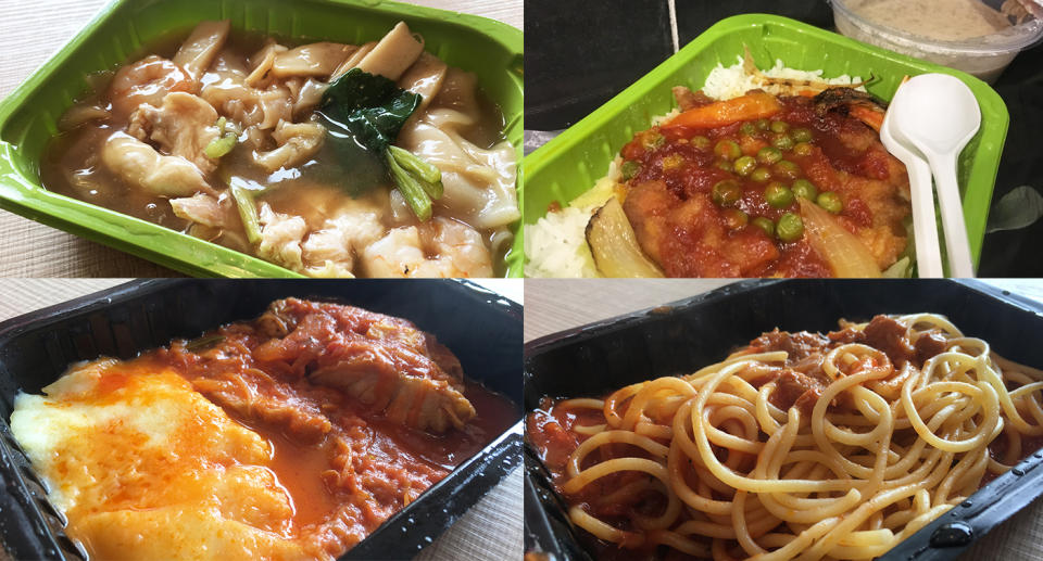 Some food items purchased from the VendCafe. (Clockwise: Seafood Hor Fun, Hainanese Chicken Chop with Rice + Mushroom Soup, Chicken Bolognese with Spaghetti, Braised Chicken in Duo Olive Pronto Sauce)