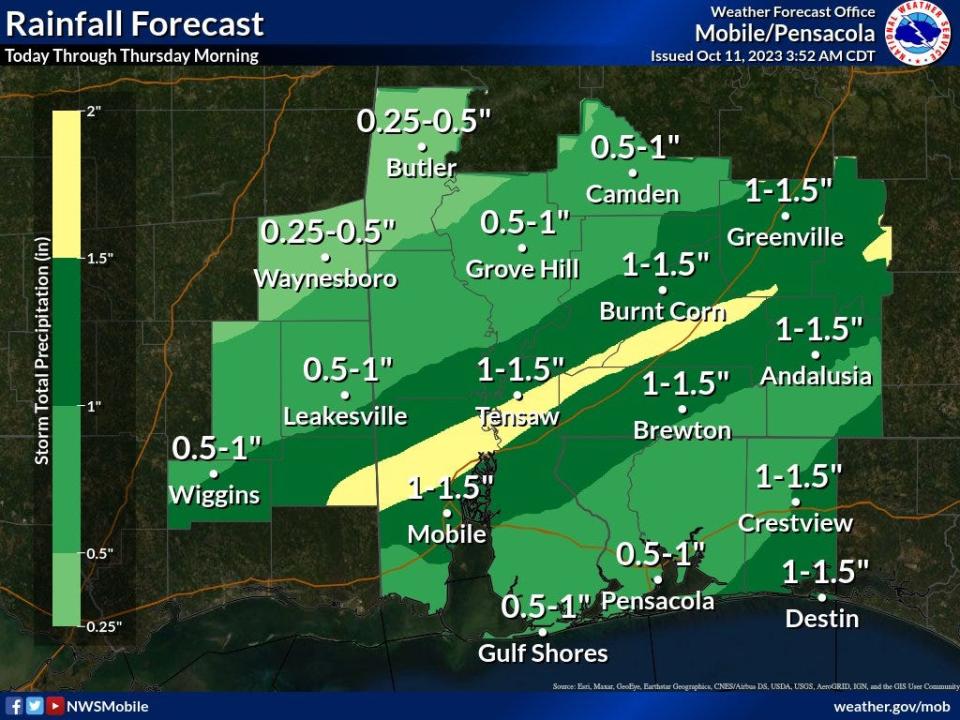 Rainfall forecast of Pensacola Oct. 11-12, 2023.