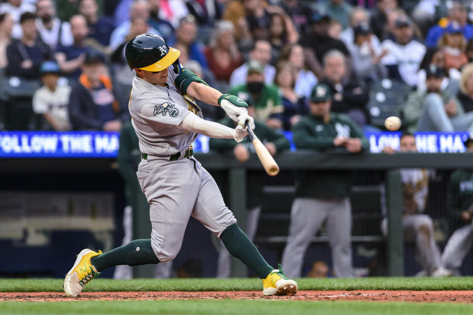 Oakland Athletics' Nick Allen hits a single against the Seattle Mariners during the fifth inning of a baseball game Tuesday, May 23, 2023, in Seattle. (AP Photo/Caean Couto)