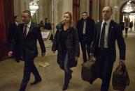 European Union High Representative Federica Mogherini (C) arrives at the Beau Rivage Palace Hotel March 28, 2015 in Lausanne, Switzerland, during Iran nuclear talks