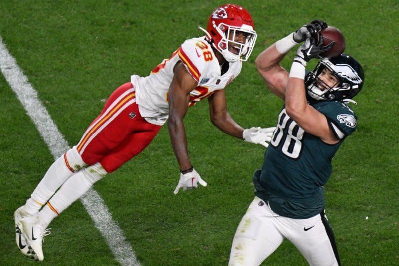 Philadelphia Eagles tight end Dallas Goedert (R) is a must-start fantasy football TE1. File Photo by Jon SooHoo/UPI