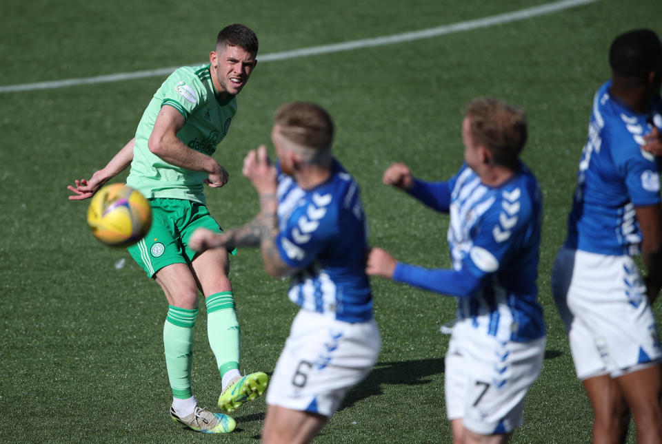 KILMARNOCK, SCOTLAND - AUGUST 09: Ryan Christie of Celtic takes a free kick during the Scottish Premier League match between Kilmarnock and Celtic at Rugby Park on August 09, 2020 in Kilmarnock, Scotland. (Photo by Ian MacNicol/Getty Images)