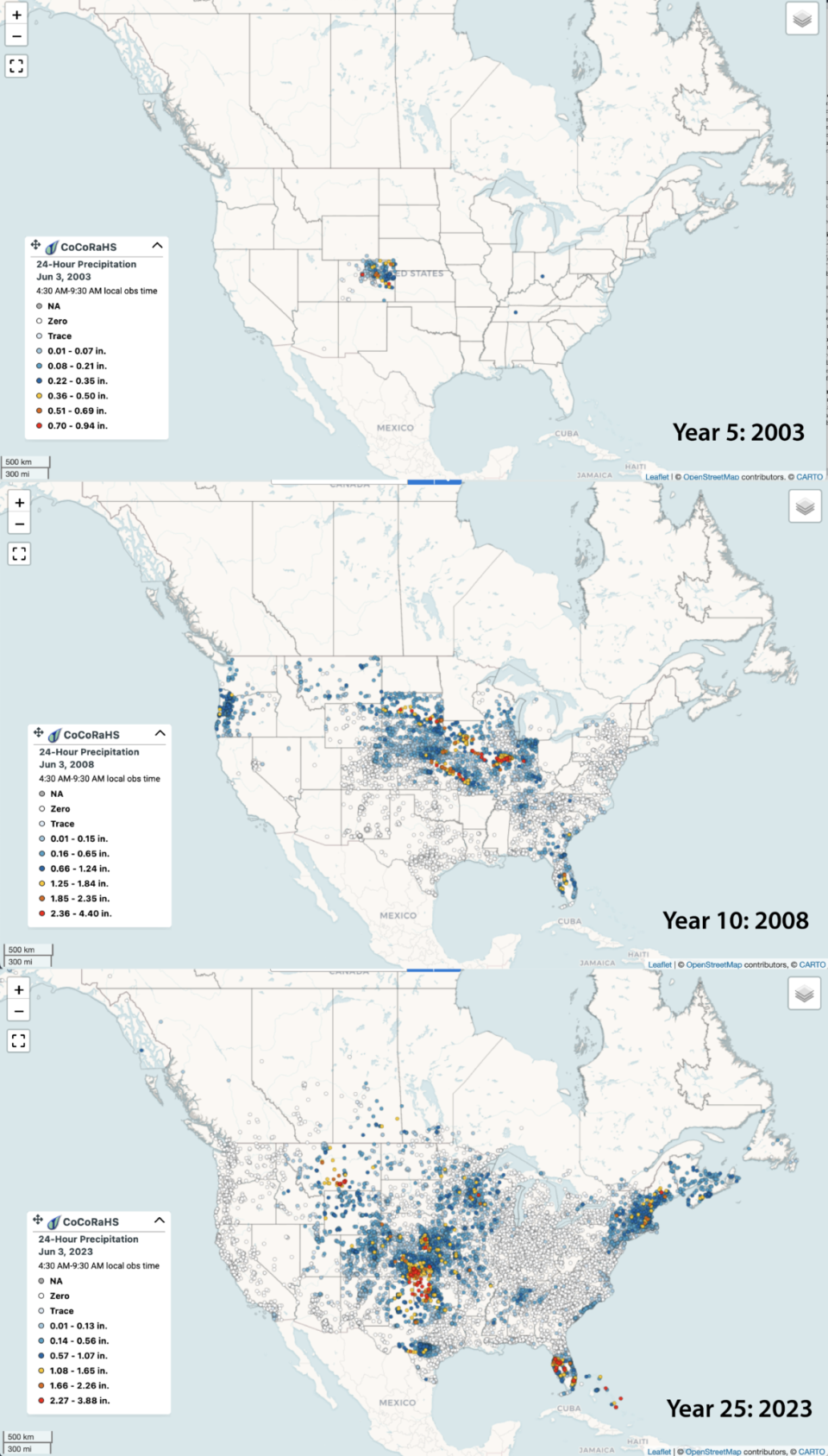 This image shows the growth of the  Community Collaborative Rain, Hail and Snow Network over the years.