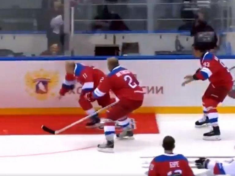 Vladimir Putin banged in eight goals during an exhibition ice hockey game in Sochi, only to trip and fall over as he waved to the crowd.The Russian president took to the ice as part of a “legends” team alongside hockey stars such as Slava Fetisov and Pavel Bure in what has become an annual tradition.Mr Putin was the game’s highest scorer as his team triumphed 14-7 over an opposing team of high-profile amateurs.Yet video footage captured the moment the president stumbled and face-planted onto the ice while enjoying his victory lap.Two of his team mates rushed over to help Mr Putin – who appeared to trip over a red carpet placed on the ice for post-match celebrations – but he got to his feet again without much assistance.Although Mr Putin joined former NHL stars on the legends side, the opposing team was made up of fellow amateurs.The losing team including the president’s childhood friend, tycoon Gennady Timchenko, billionaire Vladimir Potanin and several Russian governors.One of Mr Putin’s teammates, the defence minister Sergei Shoigu, reportedly scored three goals at the Night Hockey League exhibition match.Additional reporting by agencies