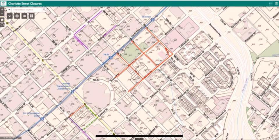 Map showing road closures in uptown Charlotte for Lovin’ Life Music Festival.