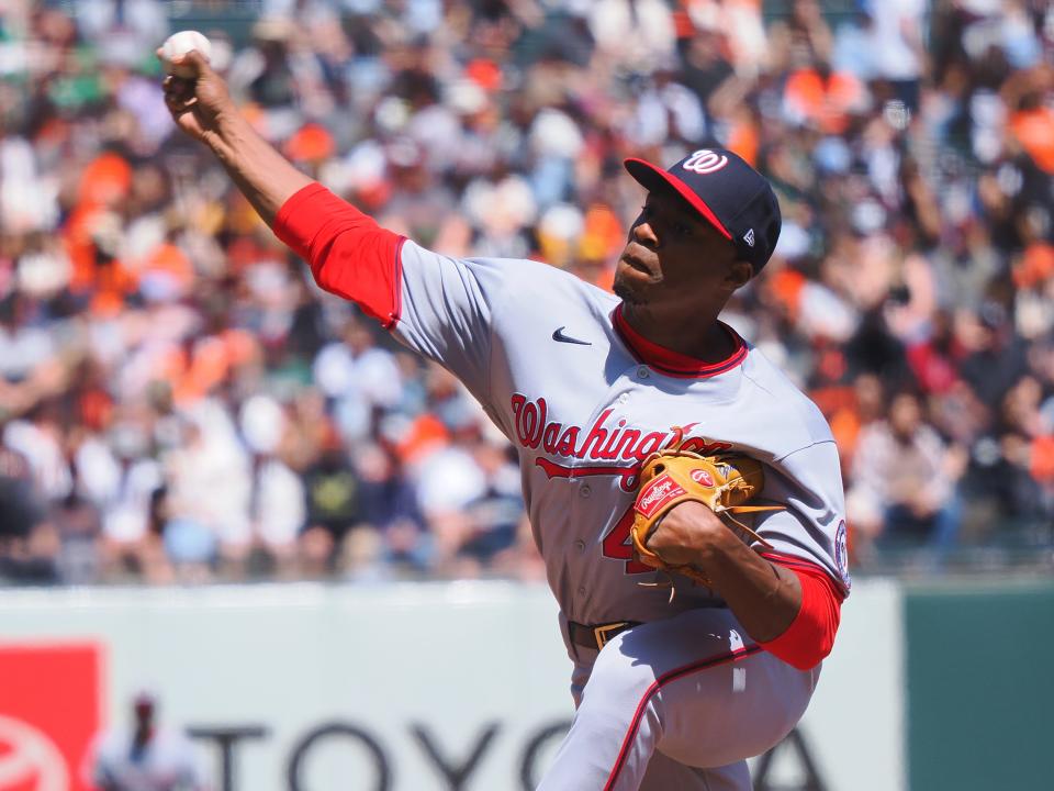 May 1, 2022; San Francisco, California, USA; Washington Nationals starting pitcher Josiah Gray (40) pitches the ball against the San Francisco Giants during the third inning at Oracle Park. Mandatory Credit: Kelley L Cox-USA TODAY Sports