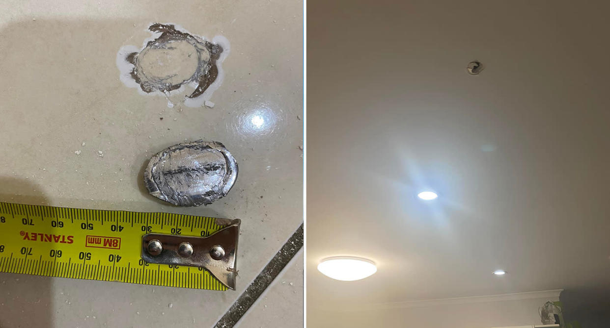 Pictured is the mysterious metal object next to a tape measure and the hole in the roof. 