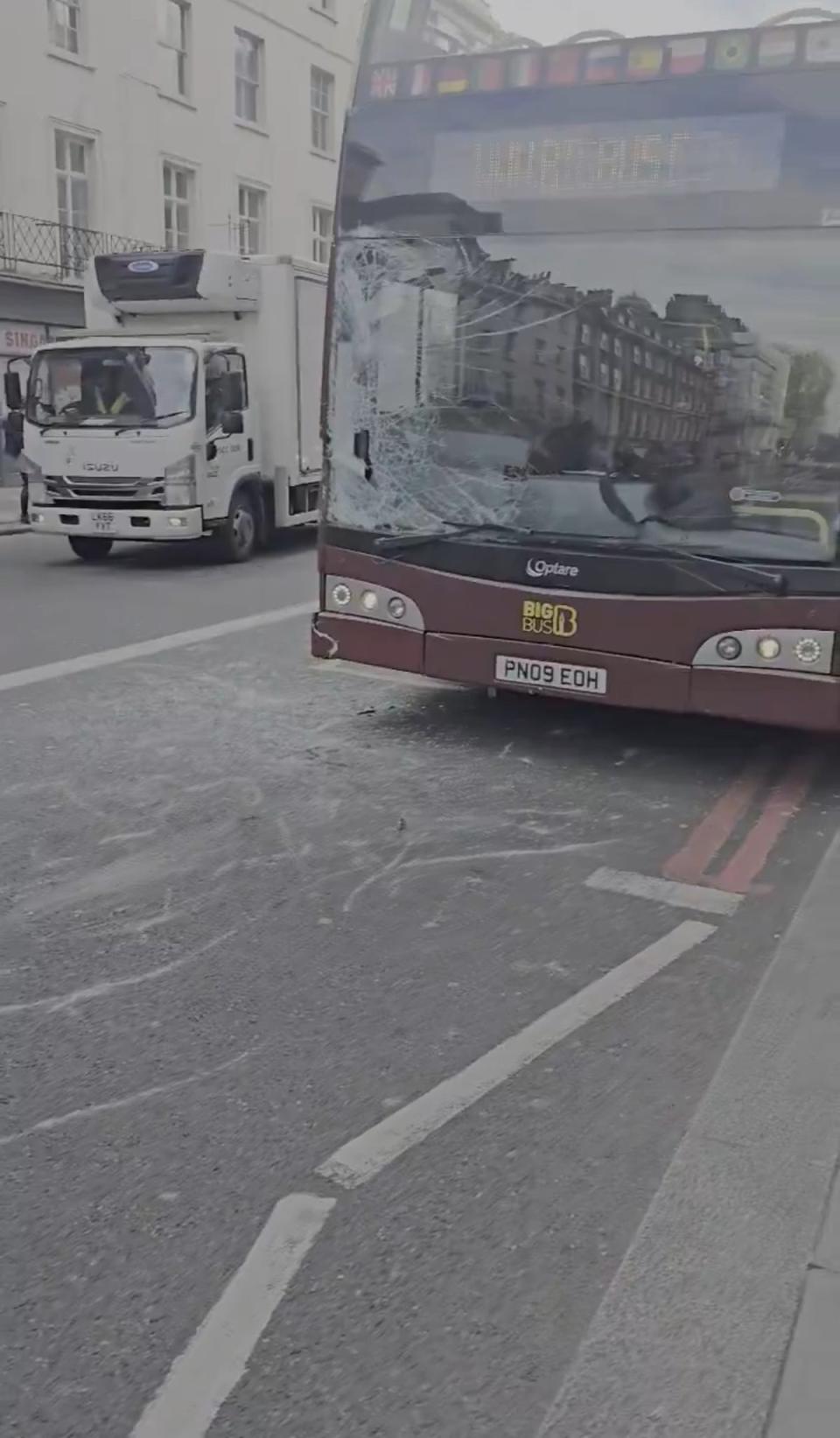 A damaged bus after horses bolt through central London (Supplied)