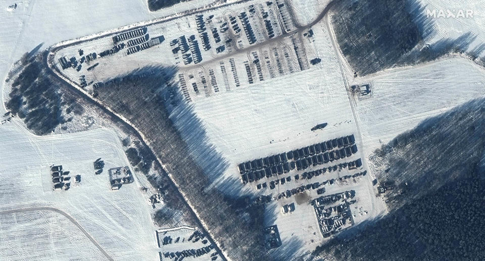 A satellite image showing the Russian military build-up in Belarus. Source: Maxar Technologies/Handout via REUTERS