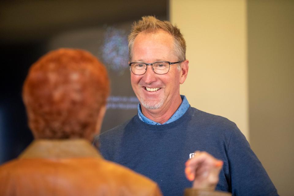 Professional golf champions David Duval, right, and Donna Caponi share a moment before a press conference announcing the PGA Tour Champions at Mission Hills Country Club in Rancho Mirage, Calif., on April 19, 2022. 